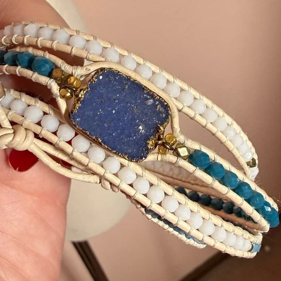 Nakamol blue white Raw gemstone boho Mediterranean long Wrap bracelet - Picture 14 of 15